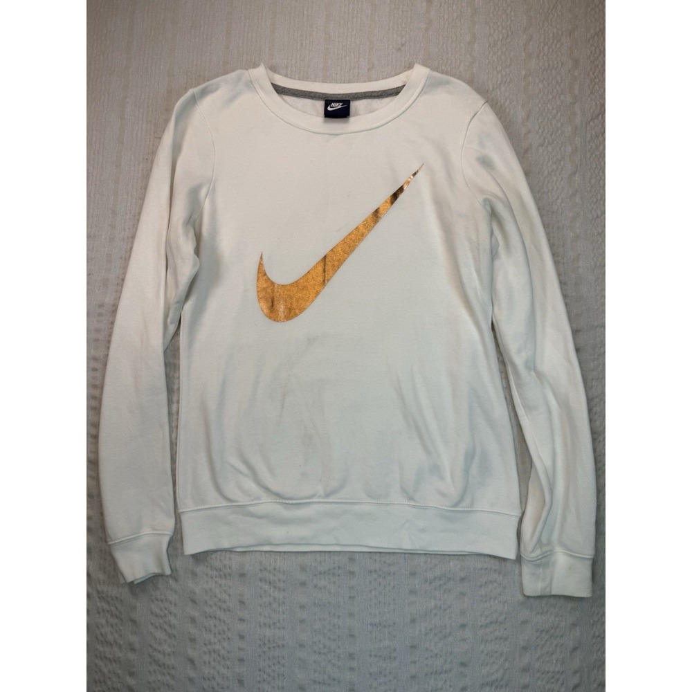 Nike Sweatshirt Womens Small White Gold Swoosh Crewneck Pullover